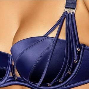 Honey Birdette Imogen Push Up Navy Satin Balconette Bra 34G